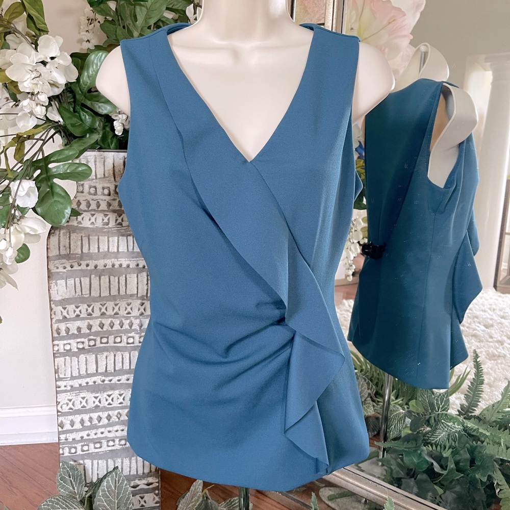 WHBM Ruffled Sleeveless Top in Teal